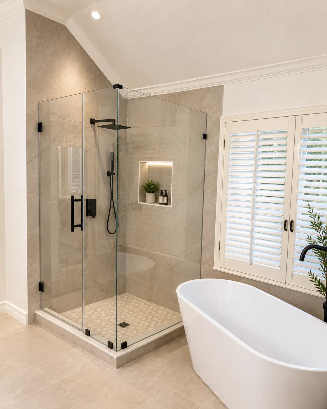 Bathroom with a frameless glass shower, beige tile, black fixtures, and a freestanding bathtub