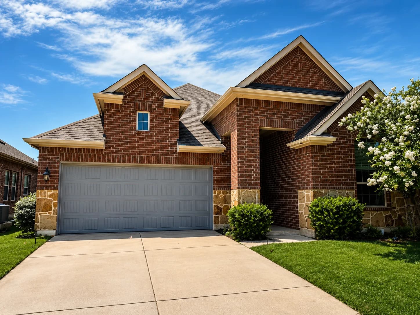 Brick home exterior with stone accents, a double garage, and a covered entry